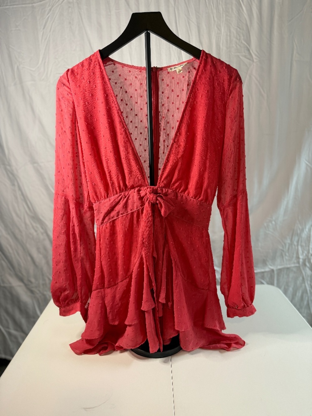 For Love & Lemons Coral Swiss Dot Open Back Long Sleeve Mini Dress Small
